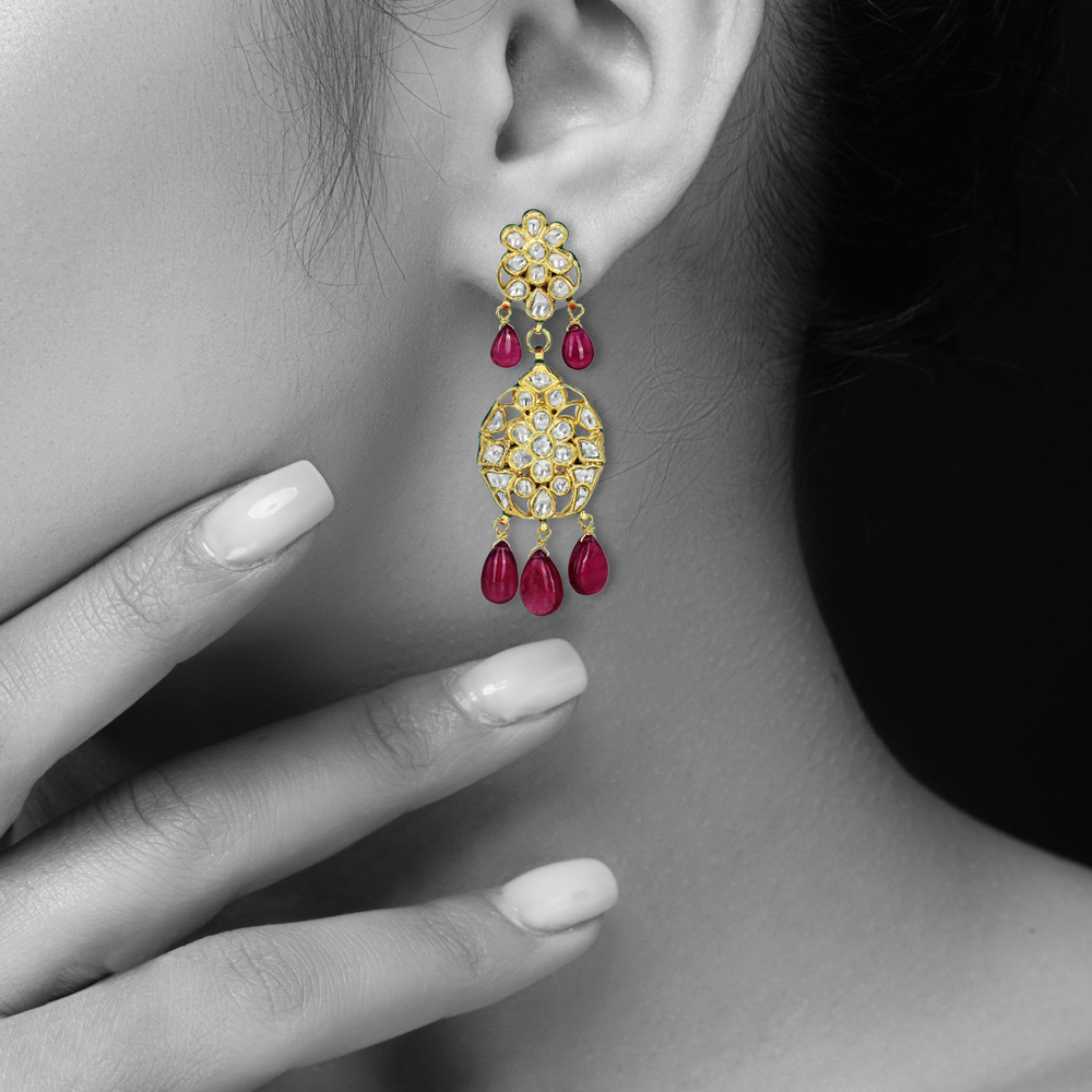 Floral Polki Earrings with Rubylite Drops